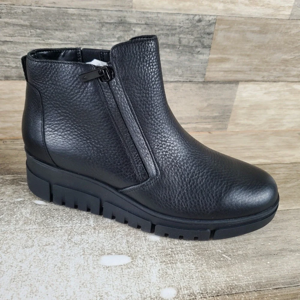 Vionic Uptown Sur Womens Bootie Sz 7.5 Black Leather Mid Top Side Zip Wedge Heel